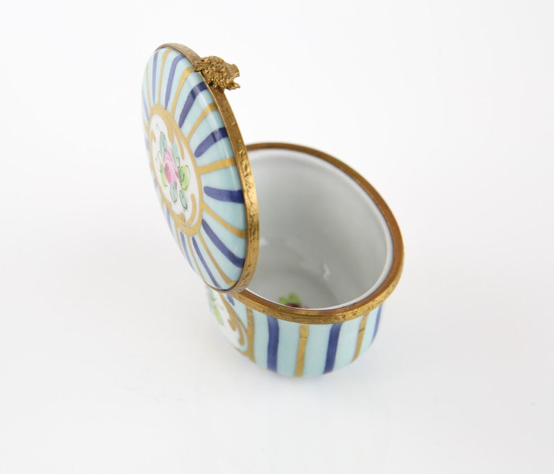 LIMOGES, FRANCE BLUE STRIPE ROSE OVAL ENAMEL TRINKET PILL JEWELLERY BOX