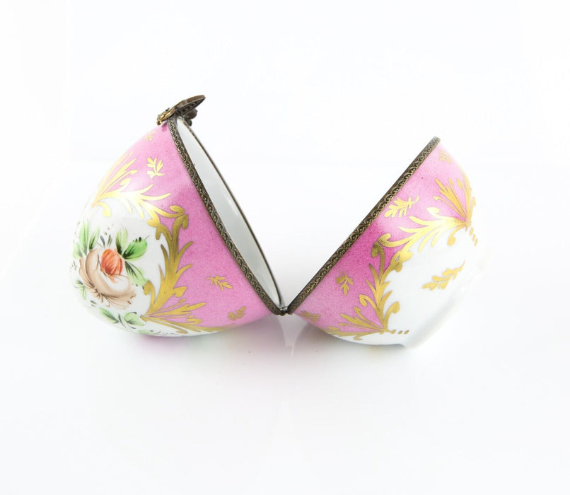 LIMOGES, FRANCE PINK FLORAL LARGE EGG SHAPED ENAMEL PILL TRINKET BOX