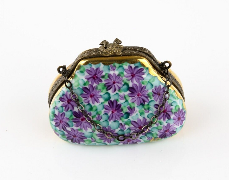 LIMOGES, FRANCE PURPLE FLORAL HANDBAG PURSE ENAMEL TRINKET PILL JEWELLERY BOX