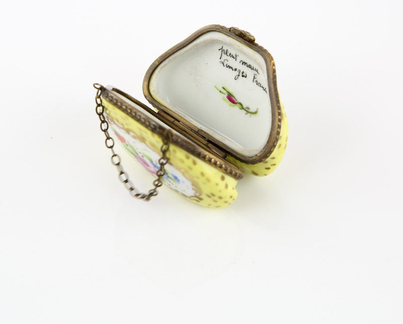 LIMOGES, FRANCE YELLOW FLORAL HANDBAG PURSE ENAMEL TRINKET PILL JEWELLERY BOX
