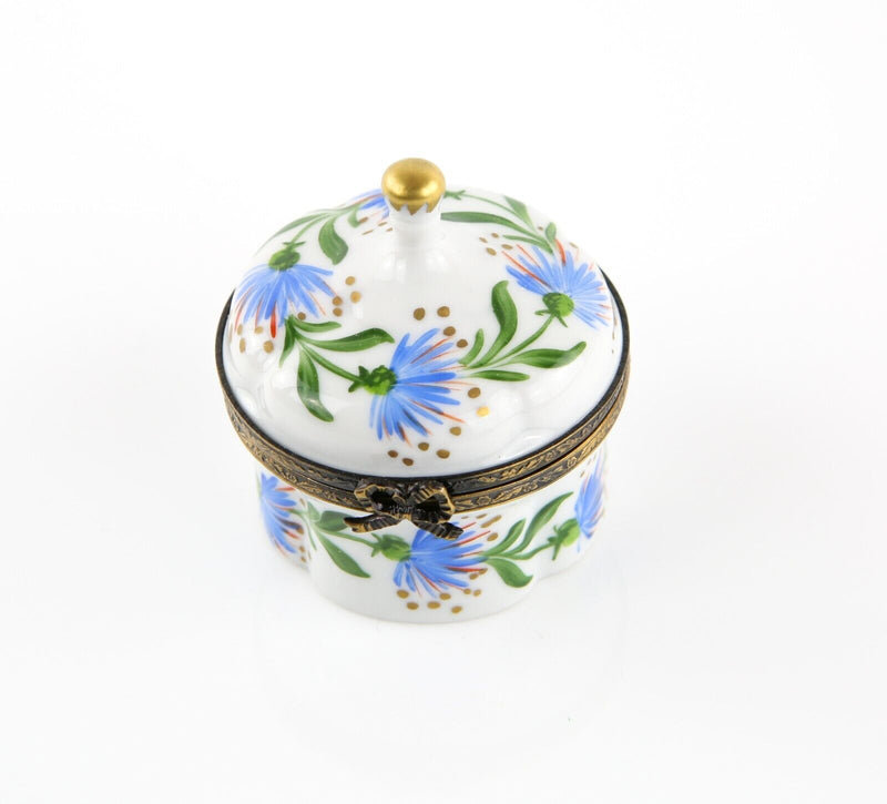 LIMOGES, FRANCE BLUE FLORAL, POINTED LID, ENAMEL TRINKET PILL JEWELLERY BOX