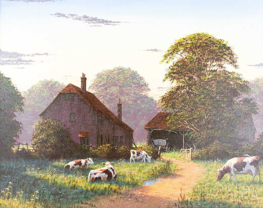 EDWARD HERSEY, 'EARLY EVENING', FARMHOUSE & COWS GRAZING, OIL PAINTING, SIGNED