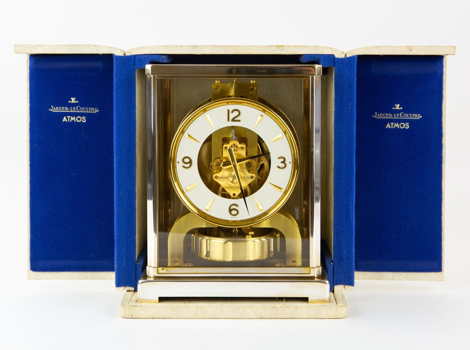 JAEGER LECOULTRE ATMOS RHODIUM PLATED SILVER COLOUR BRACKET MANTEL CLOCK, BOXED