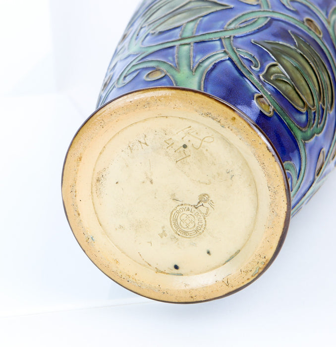 HARRY SIMEON, ROYAL DOULTON, LARGE GREEN/BLUE FOLIATE SLENDER STONEWARE VASE 417