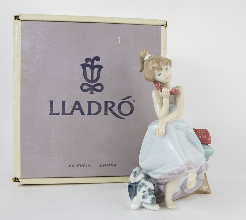 LLADRO 'CHIT CHAT' GIRL DALMATIAN DOG PHONE FIGURE MODEL 5466, BOXED