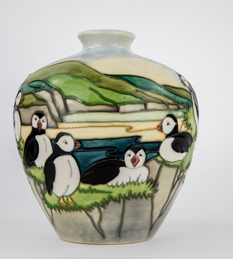 MOORCROFT POTTERY 'PUFFIN' 1997 CAROL LOVATT OVOID VASE, BOXED