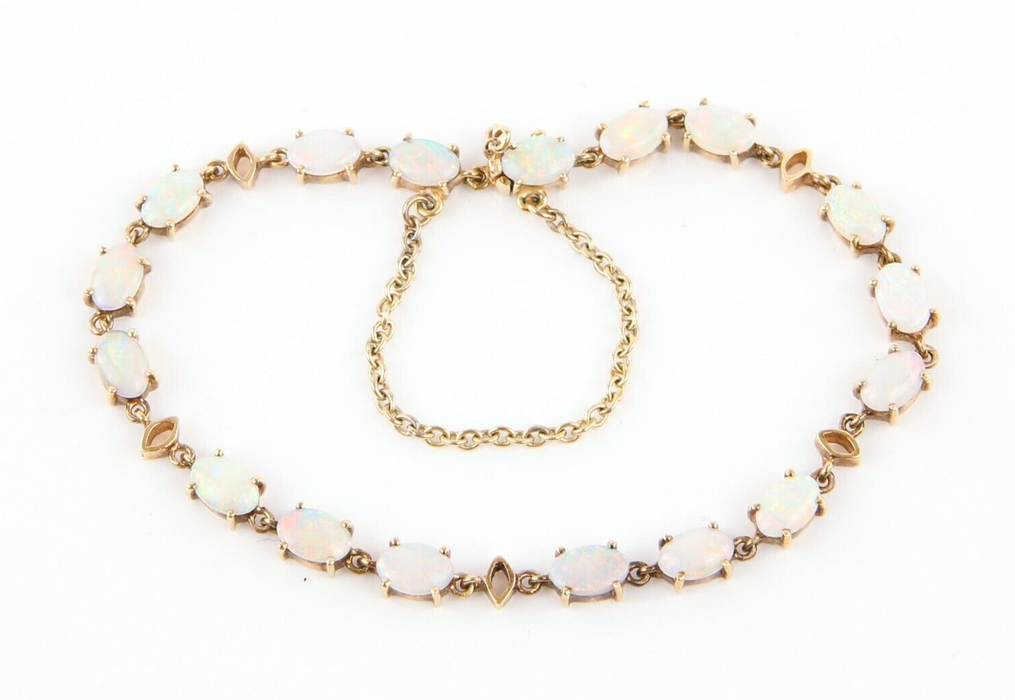 14ct YELLOW GOLD & OPAL BRACELET WITH SAFETY CHAIN, 6.9g, STAMPED