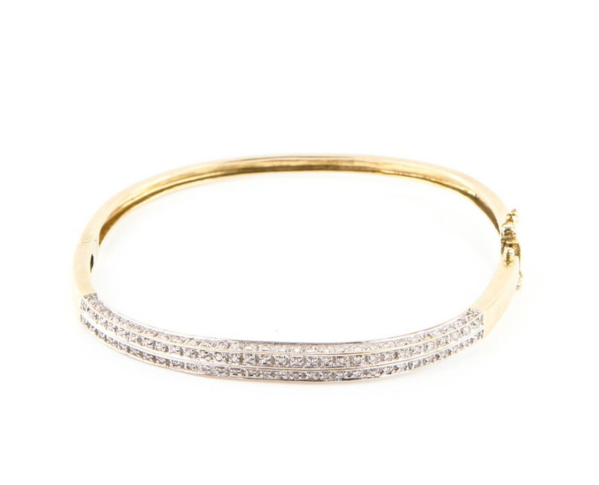 9ct YELLOW GOLD & DIAMOND HINGED BANGLE BRACELET, 10.8g, STAMPED