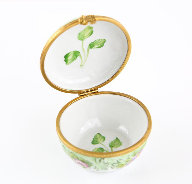 LIMOGES, FRANCE MINT GREEN FLORAL VINES ROUND ENAMEL TRINKET PILL JEWELLERY BOX