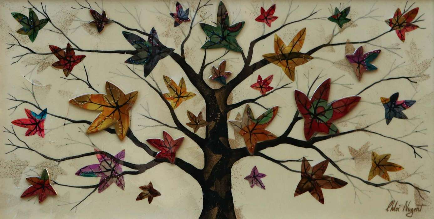 CHLOE NUGENT 'WINTERS COMING' TREE LEAVES ORIGINAL MIXED MEDIA PAINTING, SIGNED