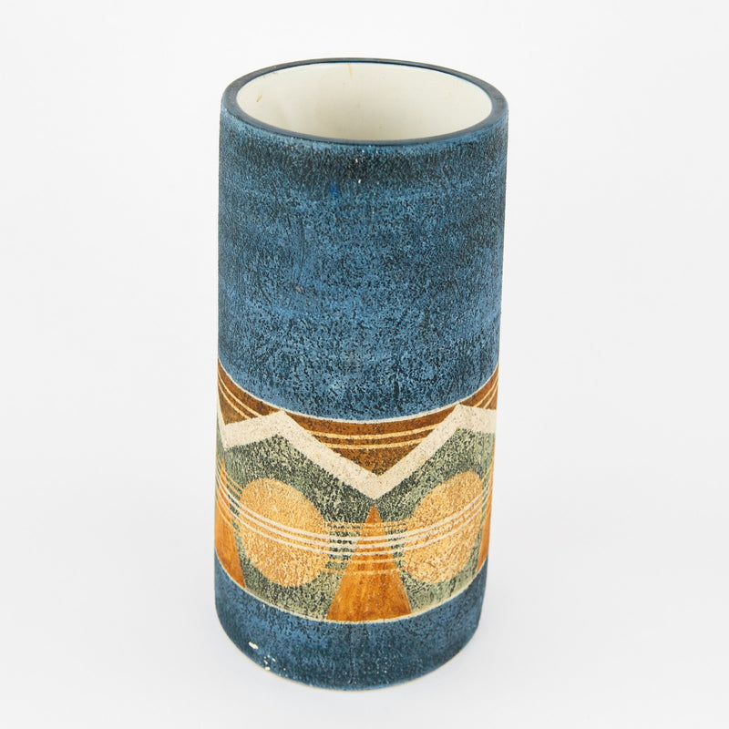 LOUISE JINKS for TROIKA - CORNWALL STUDIO ART POTTERY BLUE CYLINDER VASE, SIGNED