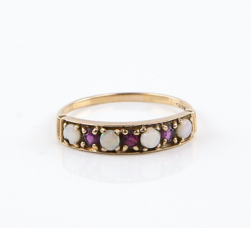 9ct YELLOW GOLD & AMETHYST/OPAL DRESS RING, 2.1g, HALLMARKED, SIZE S1/2