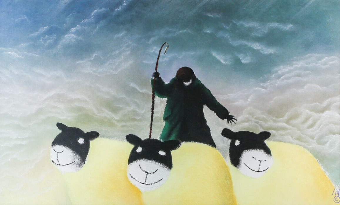 MACKENZIE THORPE, 'I SAW THREE SHEEP', 1998 ORIGINAL PASTEL, SIGNED