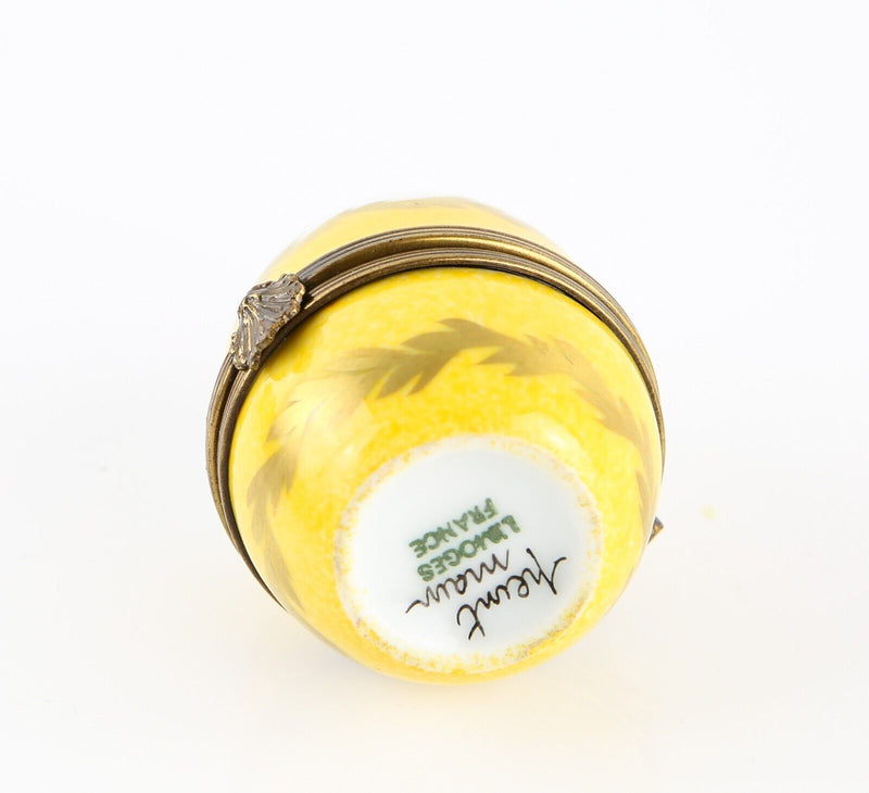 LIMOGES, FRANCE YELLOW FLORAL PERFUME BOTTLE EGG ENAMEL TRINKET PILL BOX