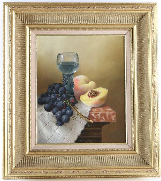 BRIAN DAVIES, STILL LIFE WITH WINE AND FRUIT, ORIGINAL OIL PAINTING, SIGNED