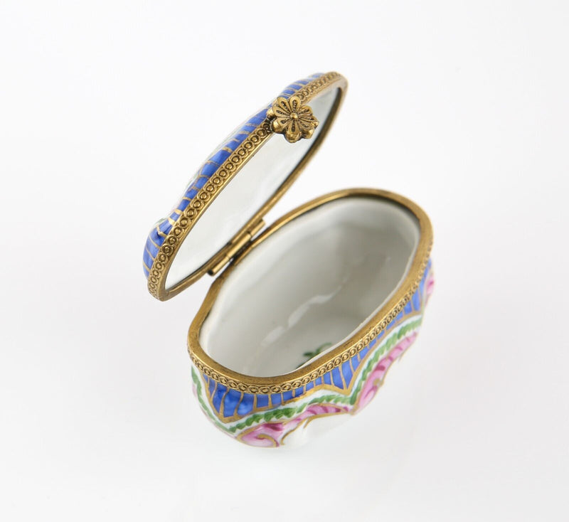 LIMOGES, FRANCE BLUE STRIPES AND PINK FLORAL ENAMEL TRINKET PILL JEWELLERY BOX