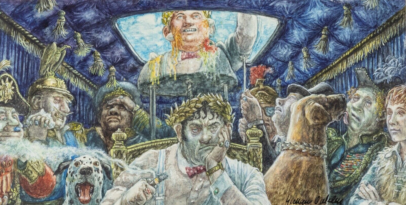 GRAHAM OAKLEY - EMPEROR & HIS ENTOURAGE IN CAR, WATERCOLOUR ARTWORK ILLUSTRATION