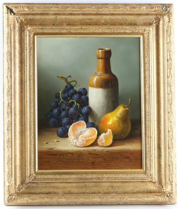 BRIAN DAVIES, STILL LIFE WITH BOTTLE AND FRUIT, ORIGINAL OIL PAINTING, SIGNED