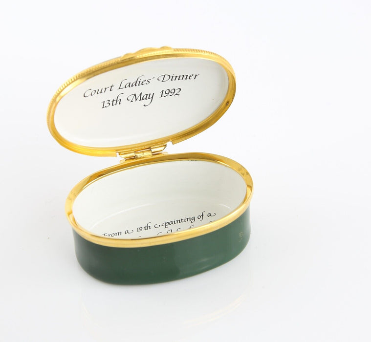 CRUMMLES & CO 'COURT LADIES' DINNER 1992' SALMON ENAMEL TRINKET PILL BOX