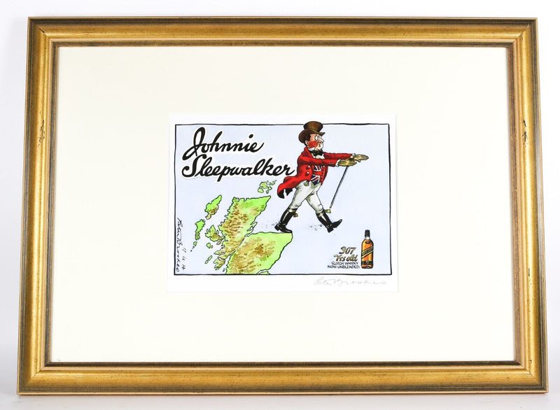 PETER BROOKES, 'JOHNNIE SLEEPWALKER', SATIRICAL CARTOON COLOUR PRINT, SIGNED
