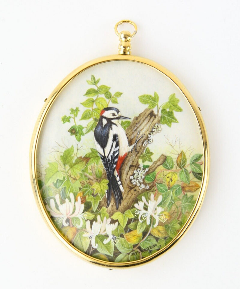 JOYCE ROGERSON 'GREAT SPOTTED WOODPECKER' MINIATURE WATERCOLOUR PAINTING, SIGNED