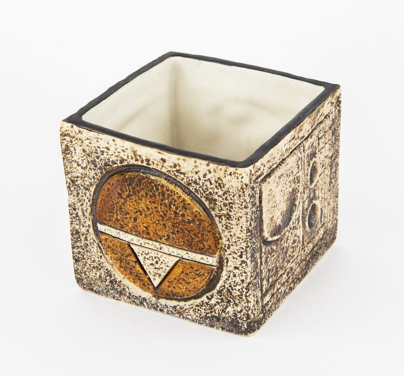 ANNE JONES for TROIKA - CORNWALL STUDIO ART POTTERY BROWN CUBE VASE, SIGNED