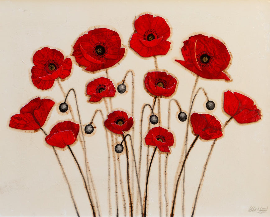 CHLOE NUGENT, 'RED POPPIES AND SEEDS VI', LARGE ORIGINAL MIXED MEDIA PAINTING