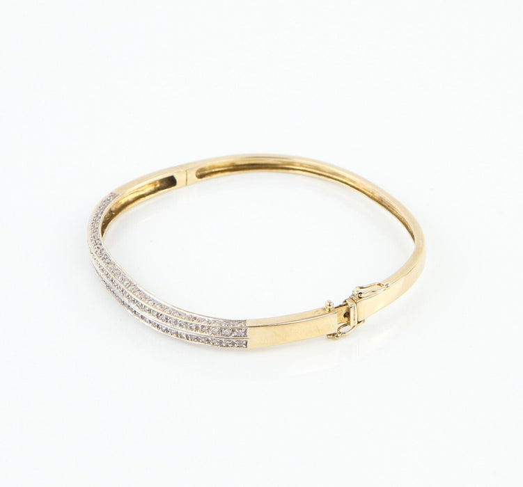 9ct YELLOW GOLD & DIAMOND HINGED BANGLE BRACELET, 10.8g, STAMPED