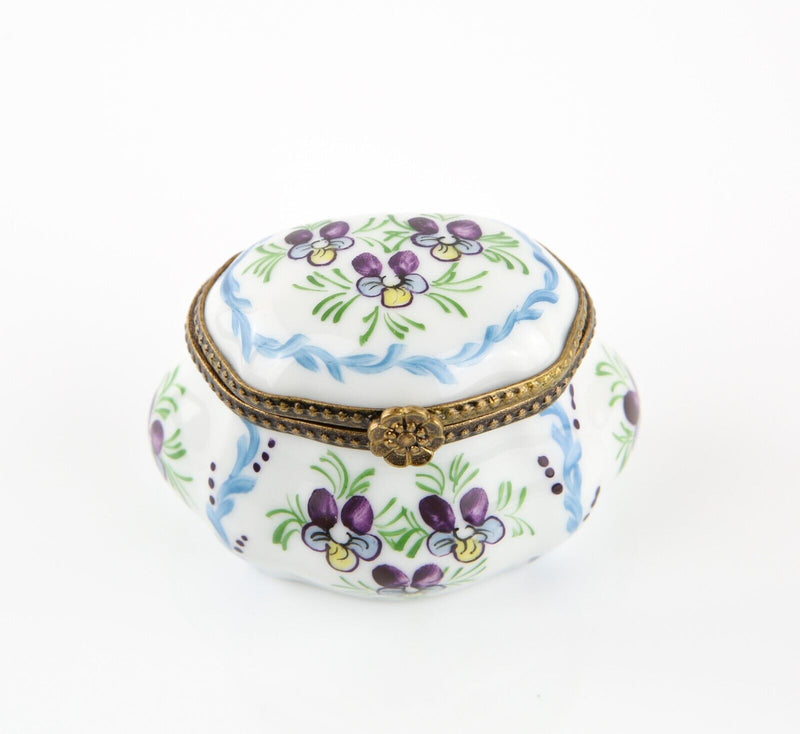 LIMOGES, FRANCE BLUE AND PURPLE FLORAL DRESSER ENAMEL TRINKET PILL JEWELLERY BOX