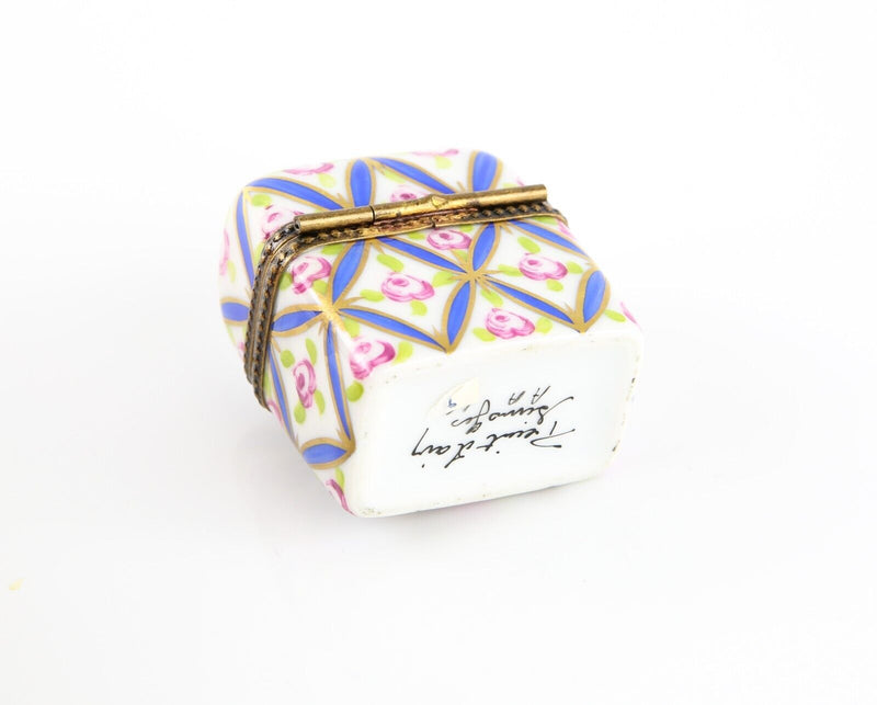 LIMOGES, FRANCE BLUE FLORAL PERFUME BOTTLES TRUNK ENAMEL TRINKET PILL BOX