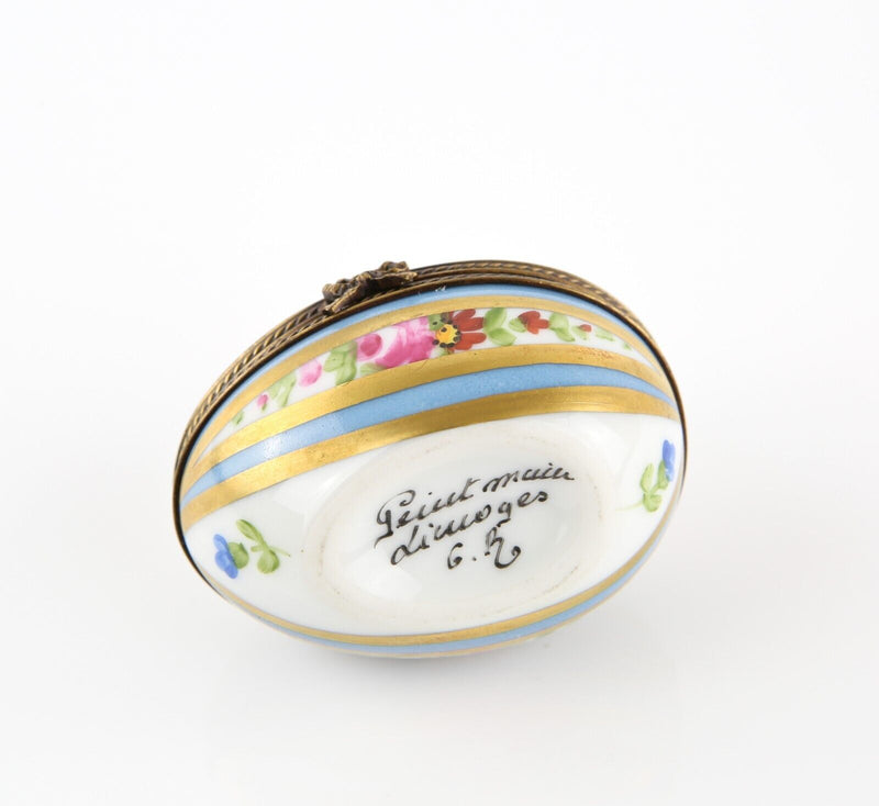 LIMOGES, FRANCE BLUE STRIPE FLORAL EGG SHAPE ENAMEL TRINKET PILL JEWELLERY BOX