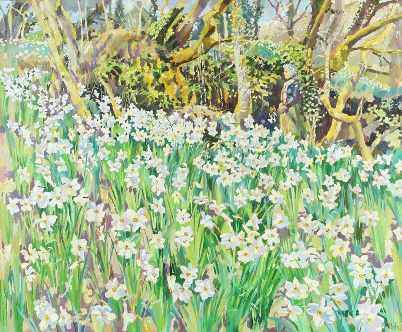 MARY MARTIN 'NARCISSI BY QUARRY' 1986 FLORAL FLOWER STUDY, OIL PAINTING, SIGNED