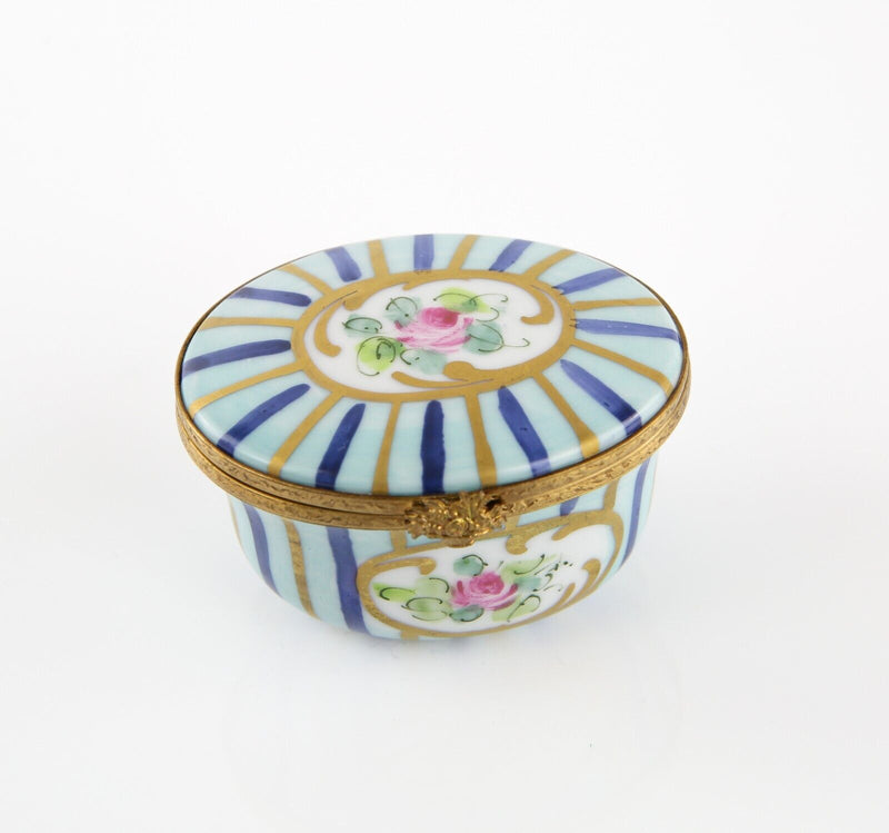 LIMOGES, FRANCE BLUE STRIPE ROSE OVAL ENAMEL TRINKET PILL JEWELLERY BOX
