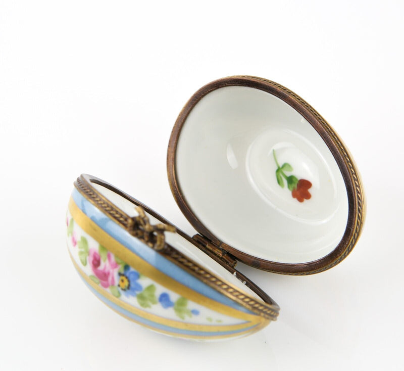 LIMOGES, FRANCE BLUE STRIPE FLORAL EGG SHAPE ENAMEL TRINKET PILL JEWELLERY BOX