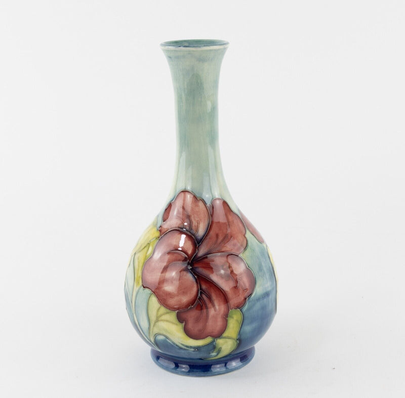 MOORCROFT POTTERY 'HIBISCUS' LARGE FLUTED BUD BOTTLE FLORAL FLOWER VASE