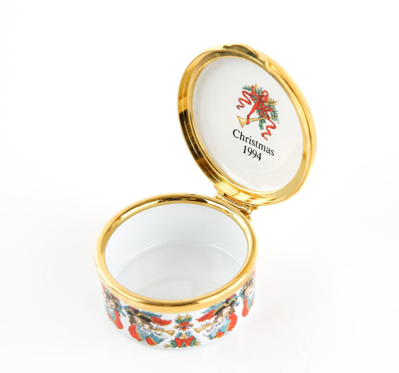 STAFFORDSHIRE 'CHRISTMAS 1994' PIPERS PIPING ENAMEL TRINKET PILL JEWELLERY BOX