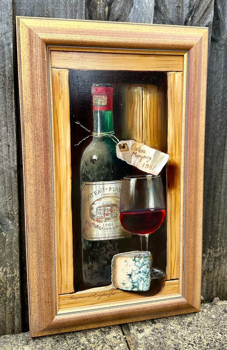 RAYMOND CAMPBELL, FINE WINE AND CHEESE, STILL LIFE, OIL PAINTING, SIGNED