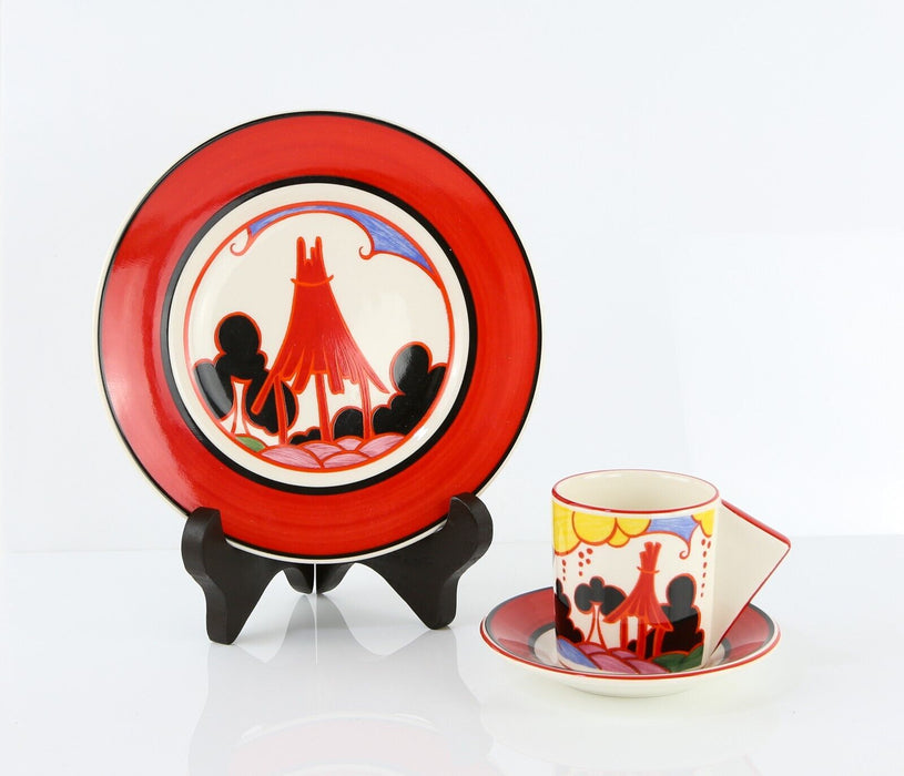 CLARICE CLIFF BY WEDGWOOD 'SUMMERHOUSE' CONICAL COFFEE SAUCER & PLATE TRIO SET