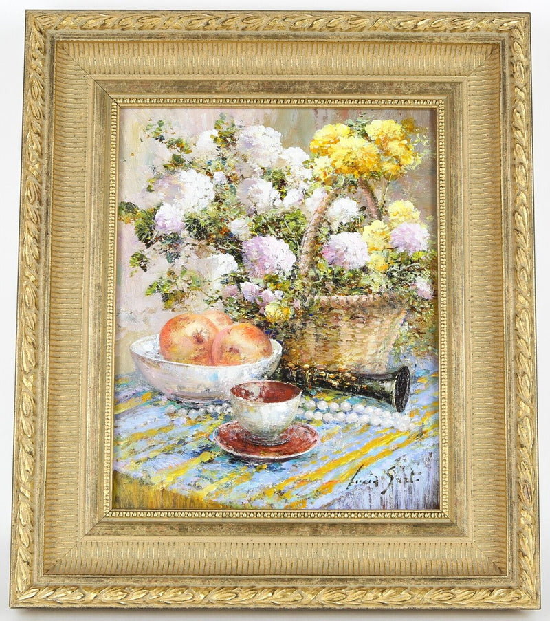 LUCIA SARTO, FRUIT & FLOWERS, STILL LIFE INTERIOR STUDY, OIL PAINTING, SIGNED