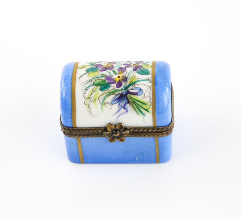 LIMOGES, FRANCE BLUE FLORAL CHEST TRUNK ENAMEL TRINKET PILL JEWELLERY BOX