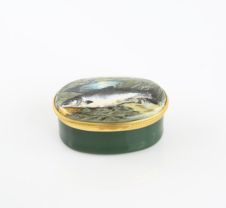 CRUMMLES & CO 'COURT LADIES' DINNER 1992' SALMON ENAMEL TRINKET PILL BOX