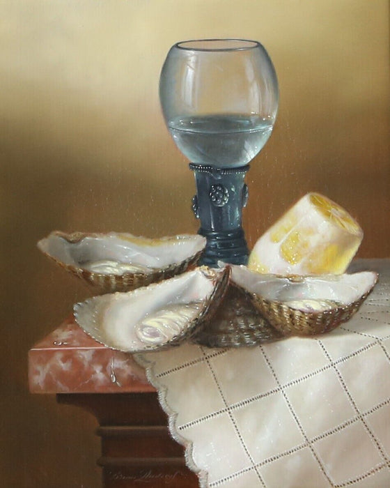 BRIAN DAVIES, STILL LIFE WITH WINE AND OYSTERS, ORIGINAL OIL PAINTING, SIGNED