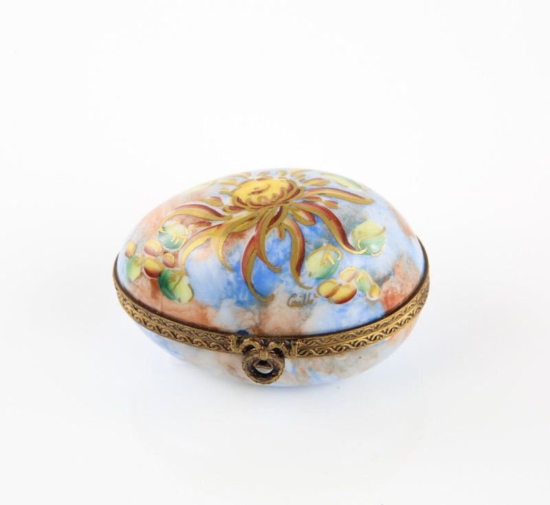 LIMOGES, FRANCE BLUE AND YELLOW FLORAL EGG ENAMEL TRINKET PILL JEWELLERY BOX