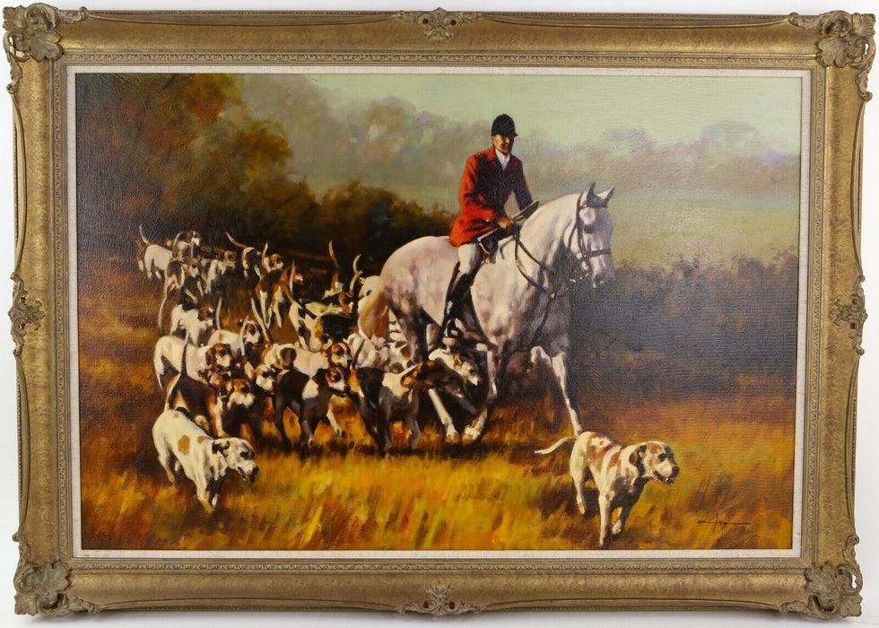 GRAHAM ISOM - HUNTING SCENE WITH HUNTSMEN, HORSES & HOUNDS, OIL PAINTING, SIGNED