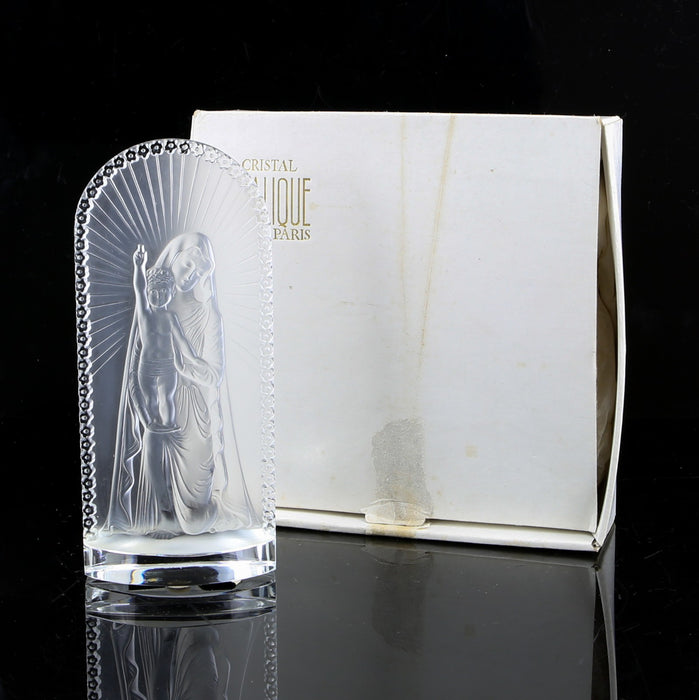LALIQUE, FRANCE - 'MADONNA AND CHILD' CRYSTAL GLASS PLAQUE MODEL, SIGNED & BOXED