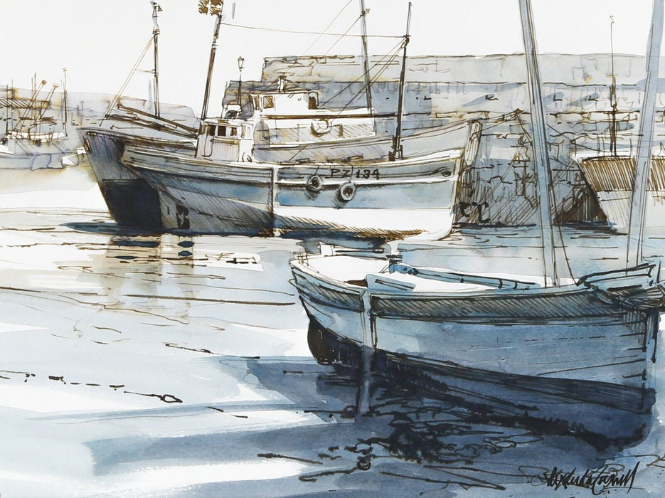 ALEXANDER CRESWELL, 'FISHING BOATS ON THE HARD', CORNWALL, WATERCOLOUR, SIGNED
