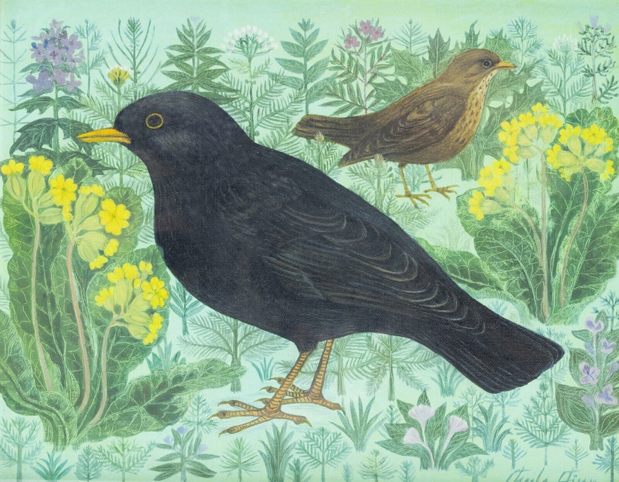 SHEILA FLINN, 'BLACKBIRD AND THRUSH', ORIGINAL OIL PAINTING, SIGNED