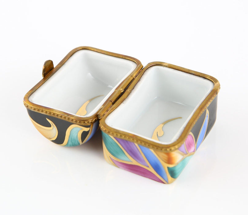 LIMOGES, FRANCE RETRO RAINBOW LEAVES TRUNK ENAMEL TRINKET PILL JEWELLERY BOX