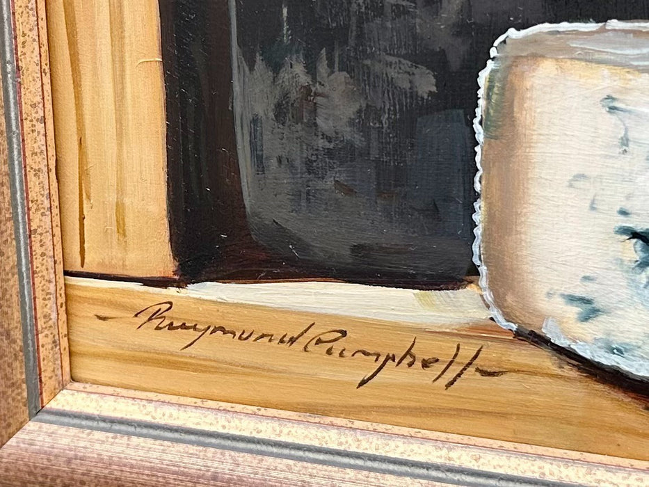 RAYMOND CAMPBELL, FINE WINE AND CHEESE, STILL LIFE, OIL PAINTING, SIGNED