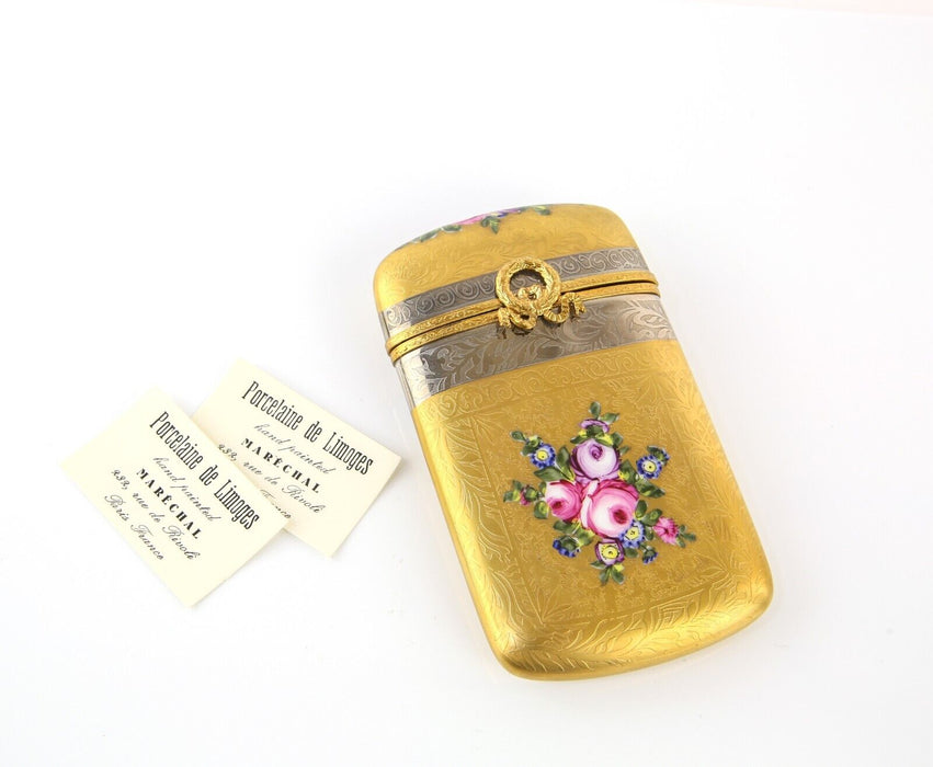 LIMOGES, FRANCE GOLD METAL EMBOSSED FLORAL RECTANGLE PILL MATCH BOX